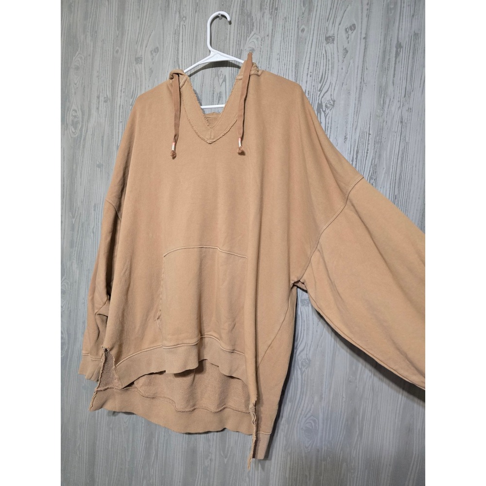 Aerie Hoodie Womens XL Oversized V-Neck Raw Hem Pullover Sweatshirt Boho Tan